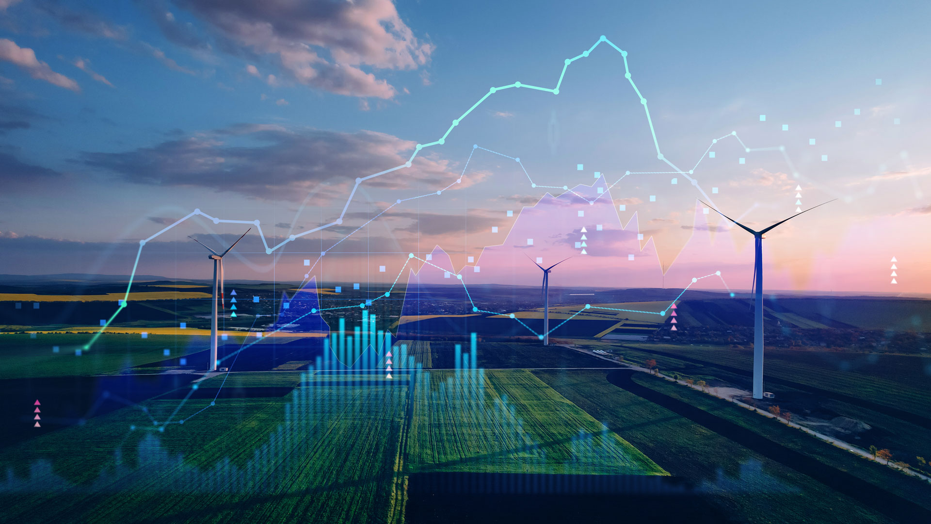 Windmills and farmland overlaid with Jabil Market Intelligence charts and data, showcasing real-time insights for smarter procurement and supply chain decision-making.